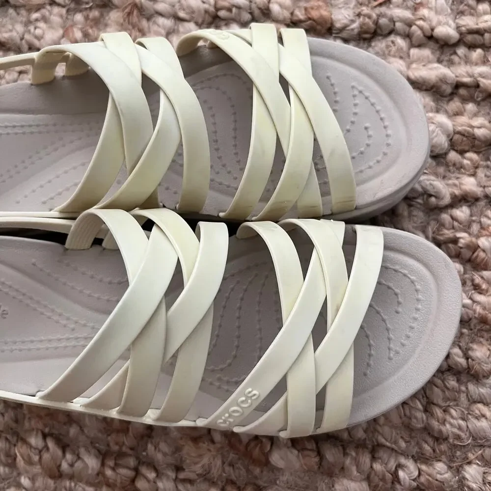 Crocs Brooklyn Strappy Low Wedge Sandals Womens 8 Cream LiteRide Platform